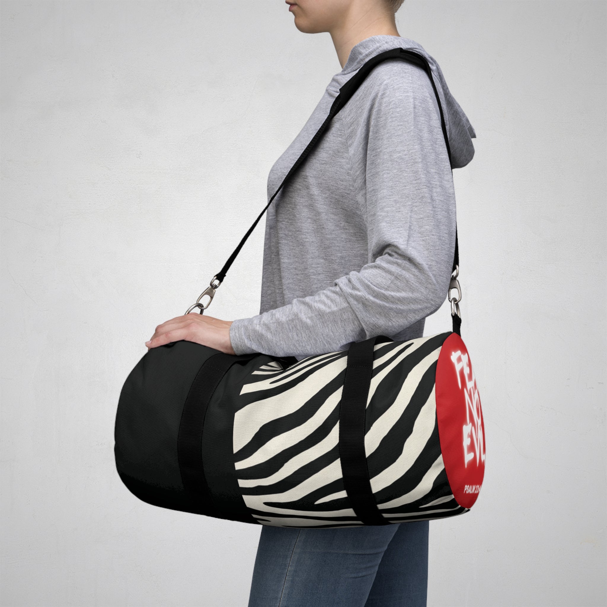 Fear No Evil Zebra Stripe Pattern Duffel Bag | Black White Red Accent