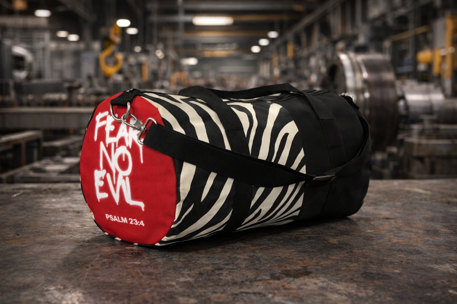 Fear No Evil Zebra Stripe Pattern Duffel Bag | Black White Red Accent