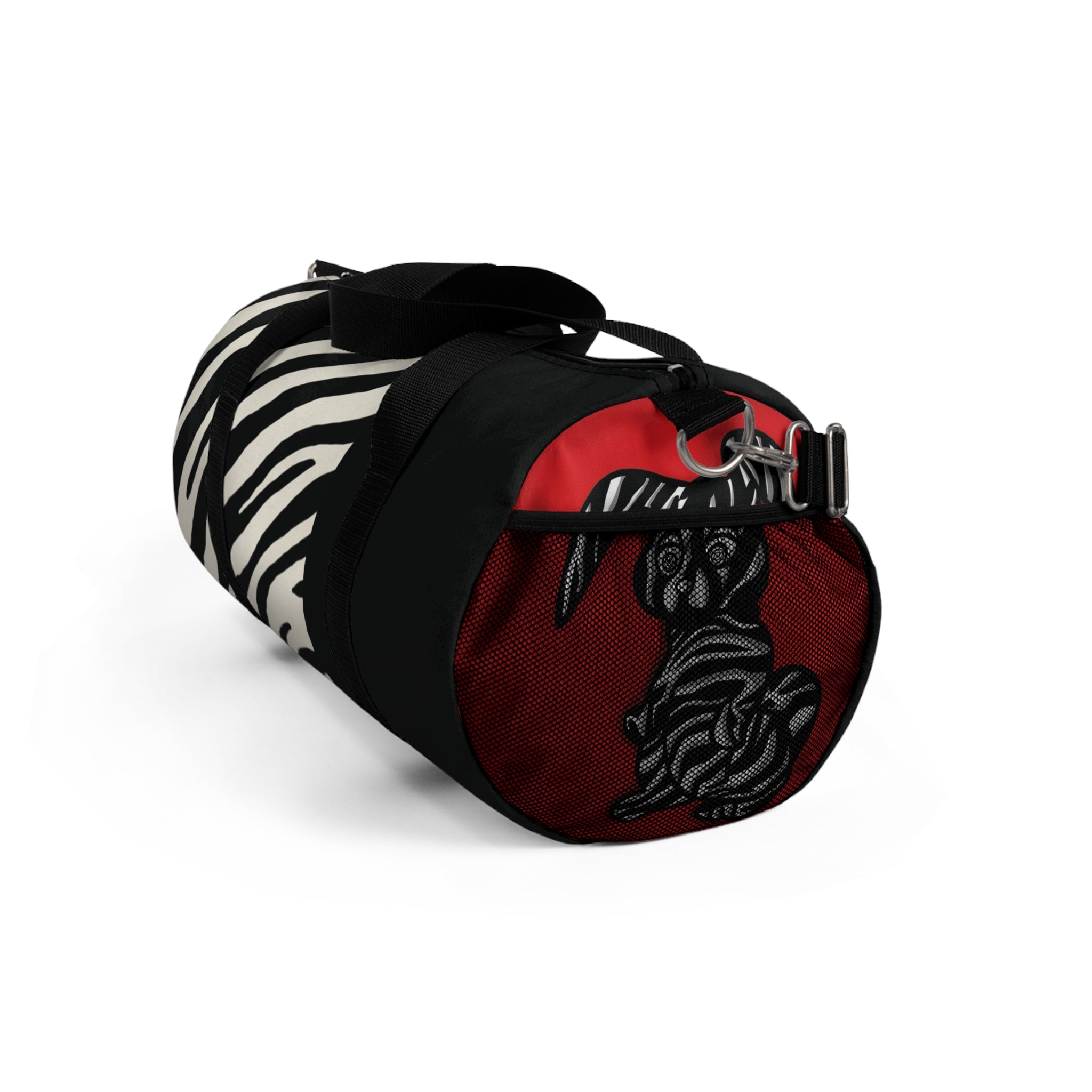 Fear No Evil Zebra Stripe Pattern Duffel Bag | Black White Red Accent