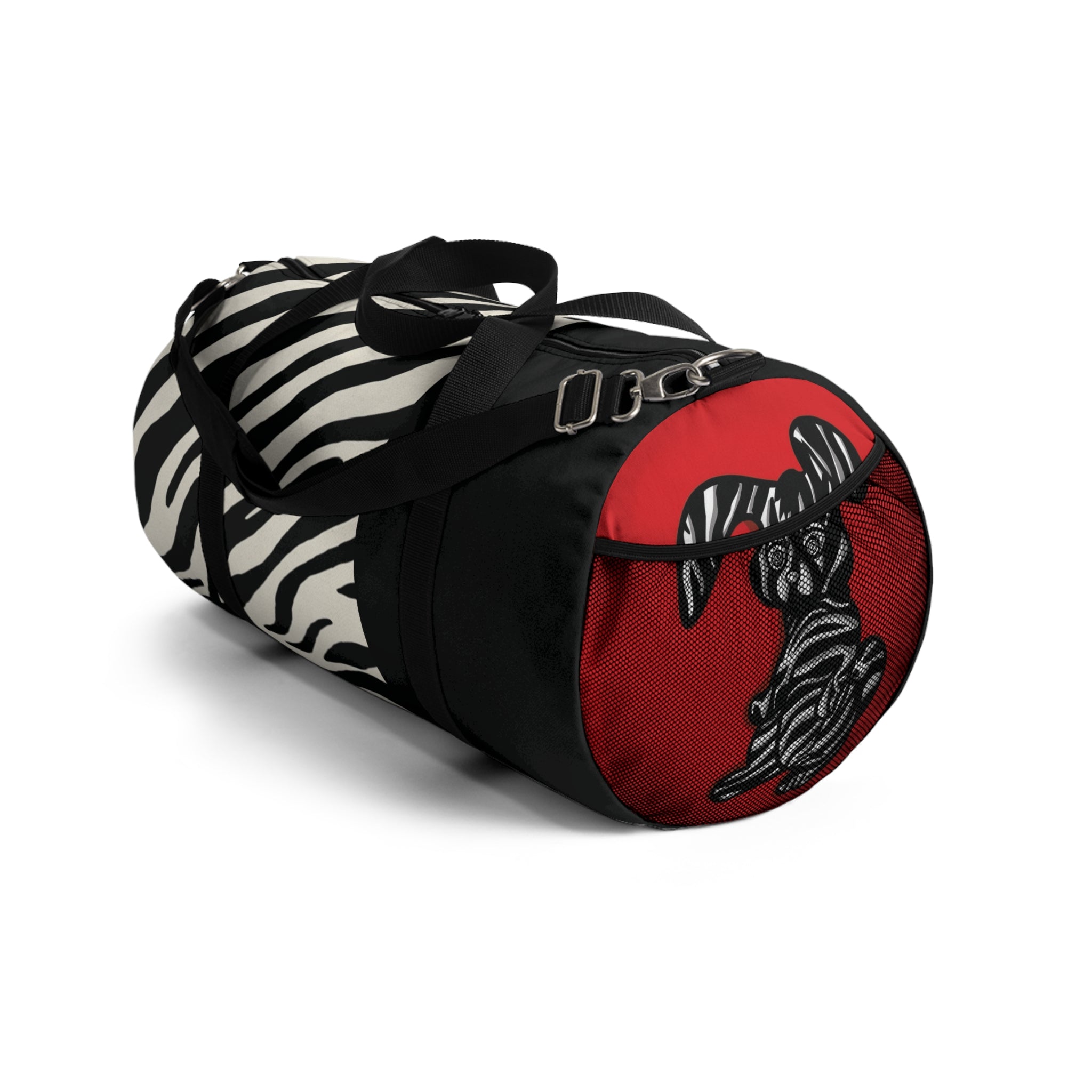 Fear No Evil Zebra Stripe Pattern Duffel Bag | Black White Red Accent