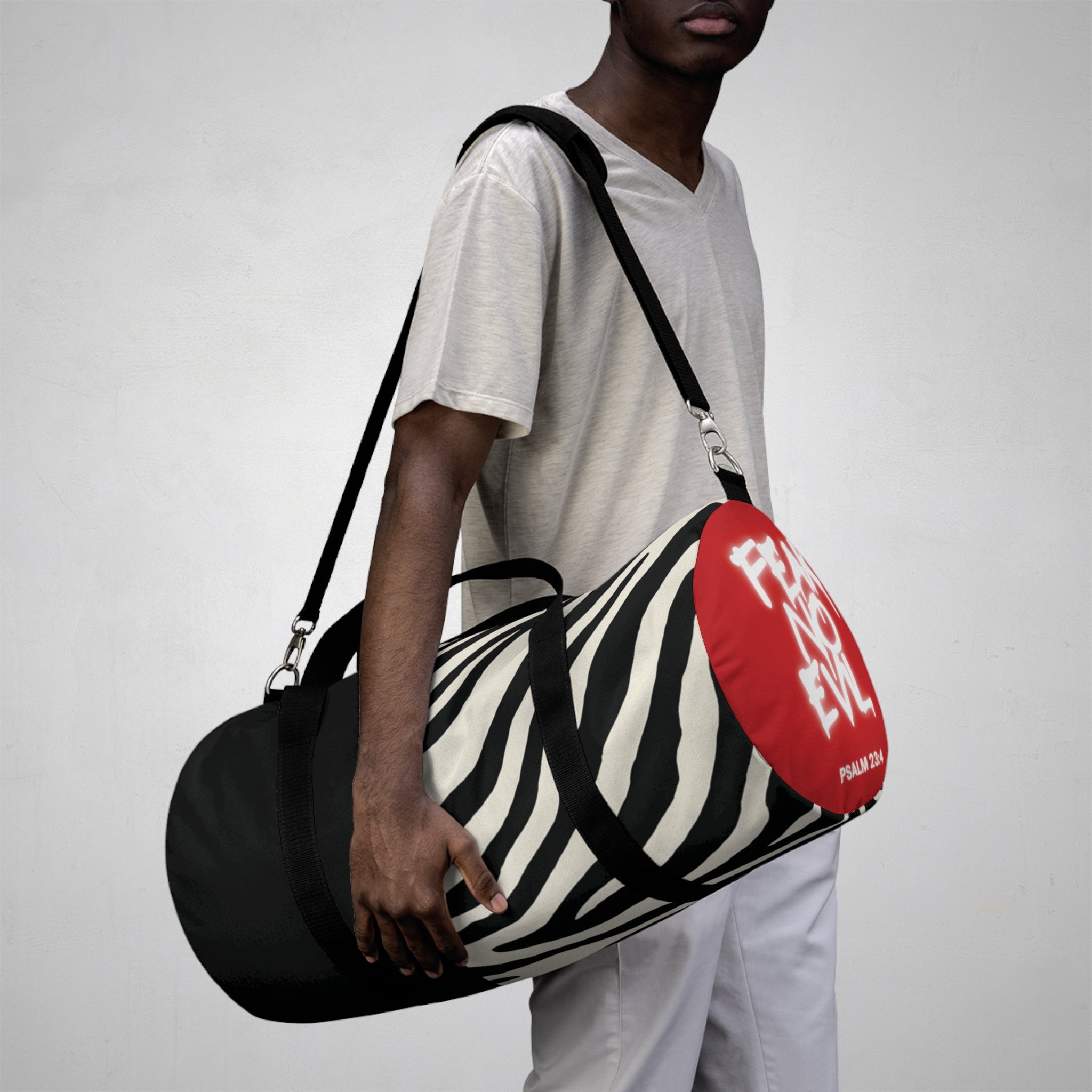 Fear No Evil Zebra Stripe Pattern Duffel Bag | Black White Red Accent